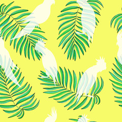 Fototapeta na wymiar silhouettes of parrots and tropical leaves seamless pattern on illuminating yellow background