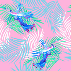 Seamless watercolor pattern with peacock birds and palm branches on a pink background.