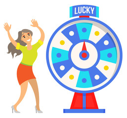 Excited woman spinning wheel of fortune with empty sectors. Lottery and gambling games concept. Lucky roulette, slots and casino vector illustration