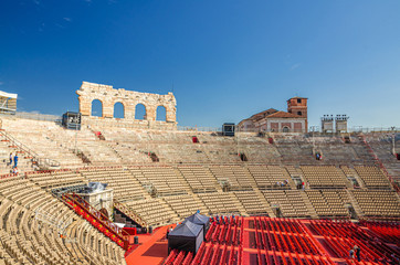 The Verona Arena interior inside view with stone stands. Roman amphitheatre Arena di Verona ancient...