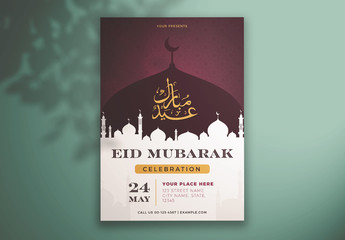 Eid Mubarak Celebration Flyer Layout with Mosque Dome Silhouette