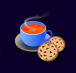 Isolated icon of a porcelain Cup with hot tea. Cookies with chocolate drops.. Vector image. Steam on the drink, sweet pastries during the break. Cafe, pastry shop, lunch.