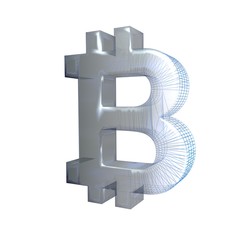 Bitcoin sign, platinum or silver turns into a blue grid on a white background. 3D illustration