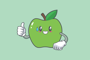 NERVOUS, PHEW, .DISAPPOINTED, RELIEVED Face Emotion. Thumb Up Gesture.Green Apple Mascot Illustration.