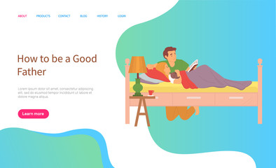 Fototapeta premium Dad sitting near child, father and daughter reading book, kid lying in bed with toy, wooden furniture, lamp and table, parenthood and bedtime vector, concept for Father day