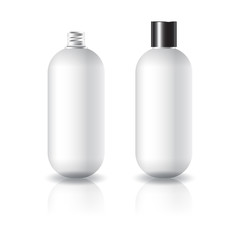 Blank white oval round cosmetic bottle with black plain screw lid for beauty or healthy product.