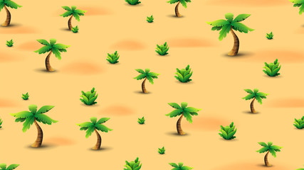 Summer seamless texture with palm trees and tropical plants in the desert. Orange seamless texture with tropical elements