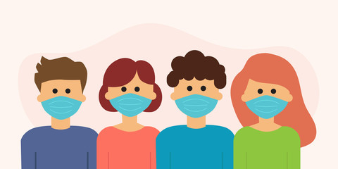People wearing medical face masks, protection against virus, vector illustration