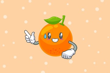NERVOUS, PHEW, .DISAPPOINTED, RELIEVED Face. Forefinger, pointed at Gesture. Orange Citrus Fruit Cartoon Mascot Illustration.
