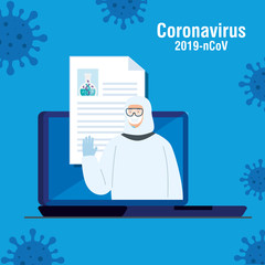 person with biohazard suit protection in laptop and particles 2019 ncov vector illustration design