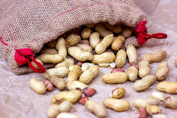 Raw unpeeled peanut nuts in nutshell on light beige textile bag background.