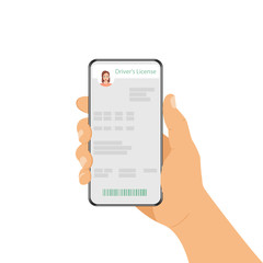 A man is holding a phone with his ID card. Driving license in a smartphone, online driver license. Mobile application with documents of a person. Vector illustration.