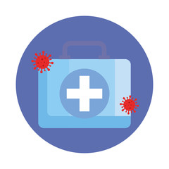 first aid kit with particles covid 19 vector illustration design