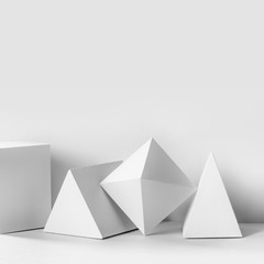 White geometrical platonic solids figures still life composition, simplicity concept....