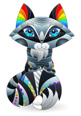 A stained glass illustration with an abstract cute cartoon raccoon isolated on a white background