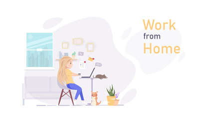 Work at home vector, worker woman with pets in quarantine, people activity, home decor cartoon character flat design, home interior design illustration