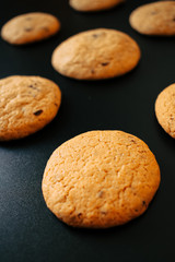 Homemade chocolate cookies isolated on black background with selective focus.