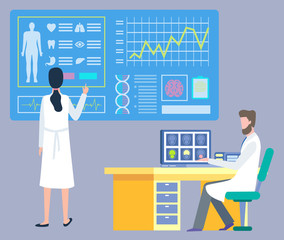 Doctor and nurse researching ct scan, board with brain and organs icons, cardiogram report. Medical care and treatment, health diagnostic, hospital vector