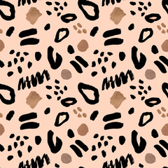 Abstract seamless pattern with gouache brown, beige and black spots on peach pink background. Artistic collage style modern print. Hand painted texture made in neutral color palette.