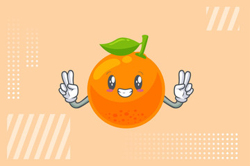 SMILING, HAPPY, GRIN SMILE Face. Double Peace Finger Gesture. Orange Citrus Fruit Cartoon Mascot Illustration. © Fegunthoero