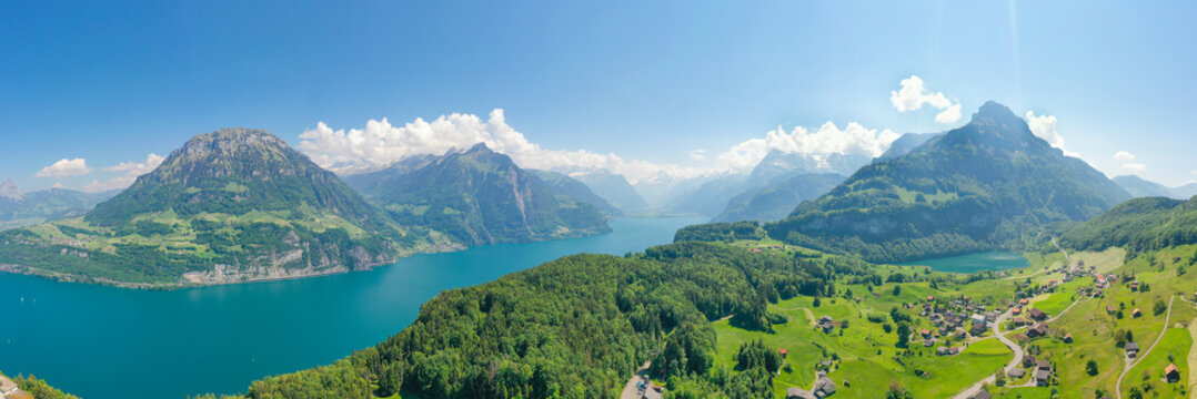 Panorama of Switzerland. Canton of Uri. Lake Lucerne. Aerial view. Swiss Alps