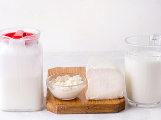 Fermented dairy products such as kefir and cheese on a white background. Copy space