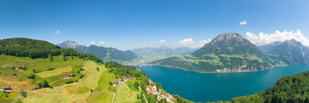 Panorama of Swiss Alps. Aerial view. Stoos 1305 m. Fronalpstock 1922 m. Lake Lucerne.