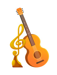 Acoustic string guitar musical instrument vector, gold award in shape of note on pedestal. Isolated trophy for winner of contest, prizes for musician