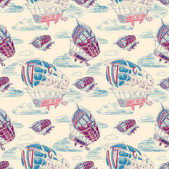 airship sky seamless pattern engraving