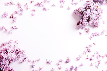 Frame of lilac flowers with space for text on white background. Flat lay, top view