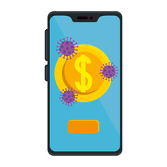 smartphone with coin and particles covid 19 vector illustration designs