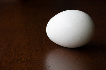 An organic, raw, white egg on a brown tabletop with a slight reflection