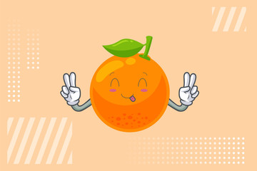 YUM, TONGUE, Face. Double Peace Finger Gesture. Orange Citrus Fruit Cartoon Mascot Illustration.