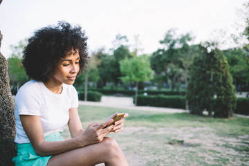 Positive African American lady browsing smartphone near tree