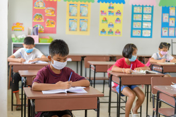 school kids with protection face mask against flu virus at lesson in classroom