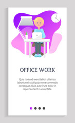 Office work vector, man with assignments to complete, computer programmer by workplace, interior of working space of programmer, application. Website slider app template, landing page flat style