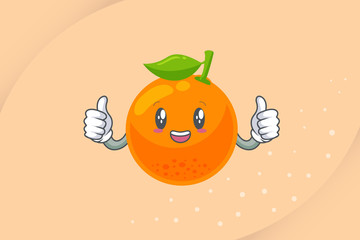 SMILING, HAPPY Face. Ok, Excellent, Double Thumb Up Gesture. Orange Citrus Fruit Cartoon Mascot Illustration.