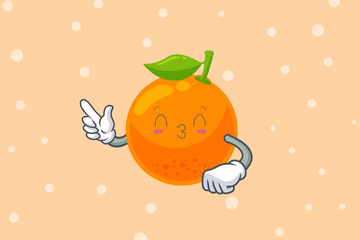KISS, FLIRTY, SMILING EYE Face. Forefinger, pointed at Gesture. Orange Citrus Fruit Cartoon Mascot Illustration.