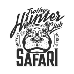 Hippo hunting club t-shirt print mockup, hunter or safari society label, hippopotamus mascot head or muzzle drawing. Apparel, african animal outline vector monochrome illustration with typography