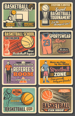 Basketball players vector retro posters. Sport game championship, match with balls, winner trophy cups, hoop and team players on arena stadium. Referee room, basketball competition vintage cards set