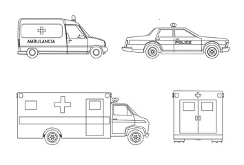 The drawing shows an ambulance, a police car, and a resuscitation car.