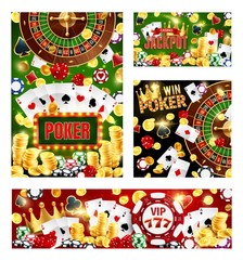 Naklejka premium Casino poker cards, wheel of fortune roulette, dices and gaming chips. Vector casino gambling game cards with gold coins, big win cash splash, victory golden crown and poker joker cards