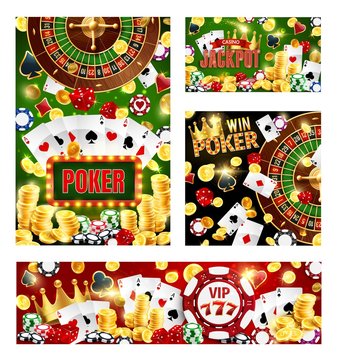 Casino poker cards, wheel of fortune roulette, dices and gaming chips. Vector casino gambling game cards with gold coins, big win cash splash, victory golden crown and poker joker cards