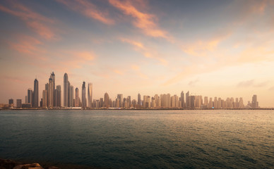 skyscrapers in Dubai Marina, sunset time, UAE