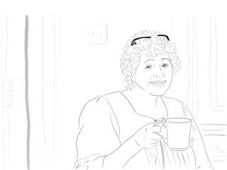 Hand drawn illustration. A senior woman enjoys morning coffee with a smile. Black and white.