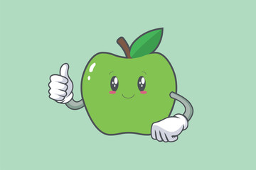 SLIGHTLY SMILE FACE. SLIGHTLY, SMILING, Face Emotion. Thumb Up Gesture.Green Apple Mascot Illustration.