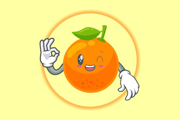 GRINNING WINK, HAPPY Face. OK, Nice, Agreement Gesture. Mascot Vector Illustration. Orange Citrus Fruit Cartoon.