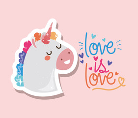 love is love and kawaii unicorn vector design