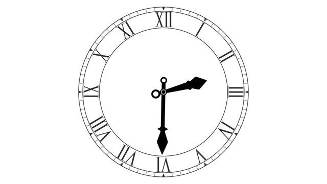 Round clock loop with hour and minute hands. Motion on white clock face. Animated 4k video