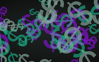 Multicolored translucent dollar signs on dark background. Green tones. 3D illustration